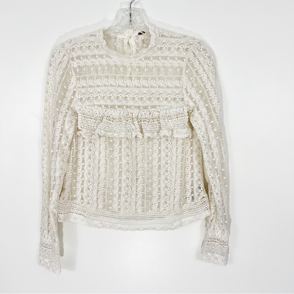 Free People Ivory Lace Ruffled Long Sleeve Blouse